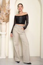 CURVA PANTALON BEIG CON BRILLO
